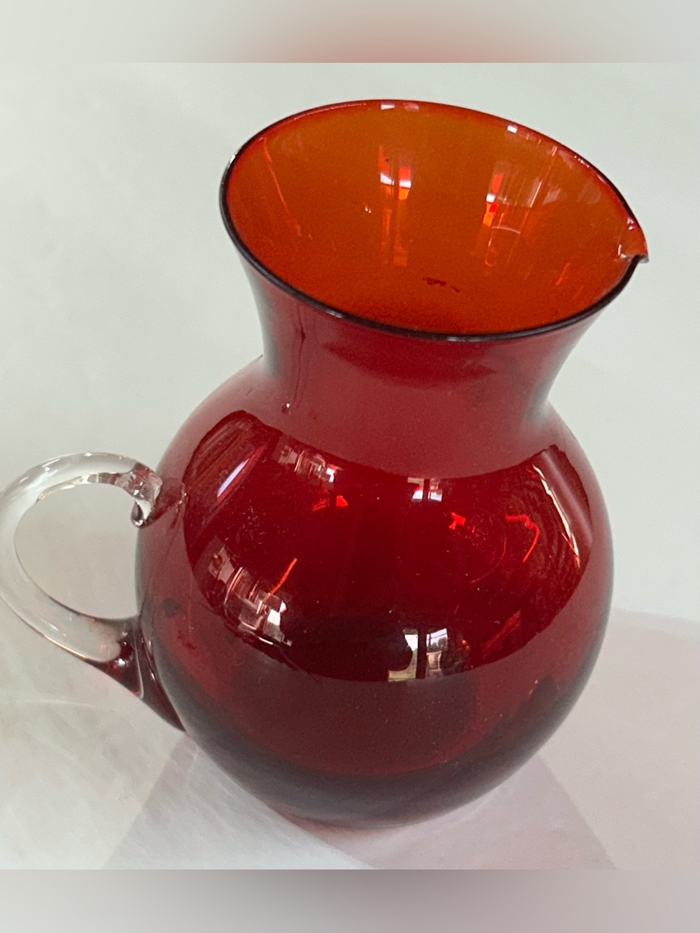 Vintage Pitcher Ruby Red Glass Clear Handle